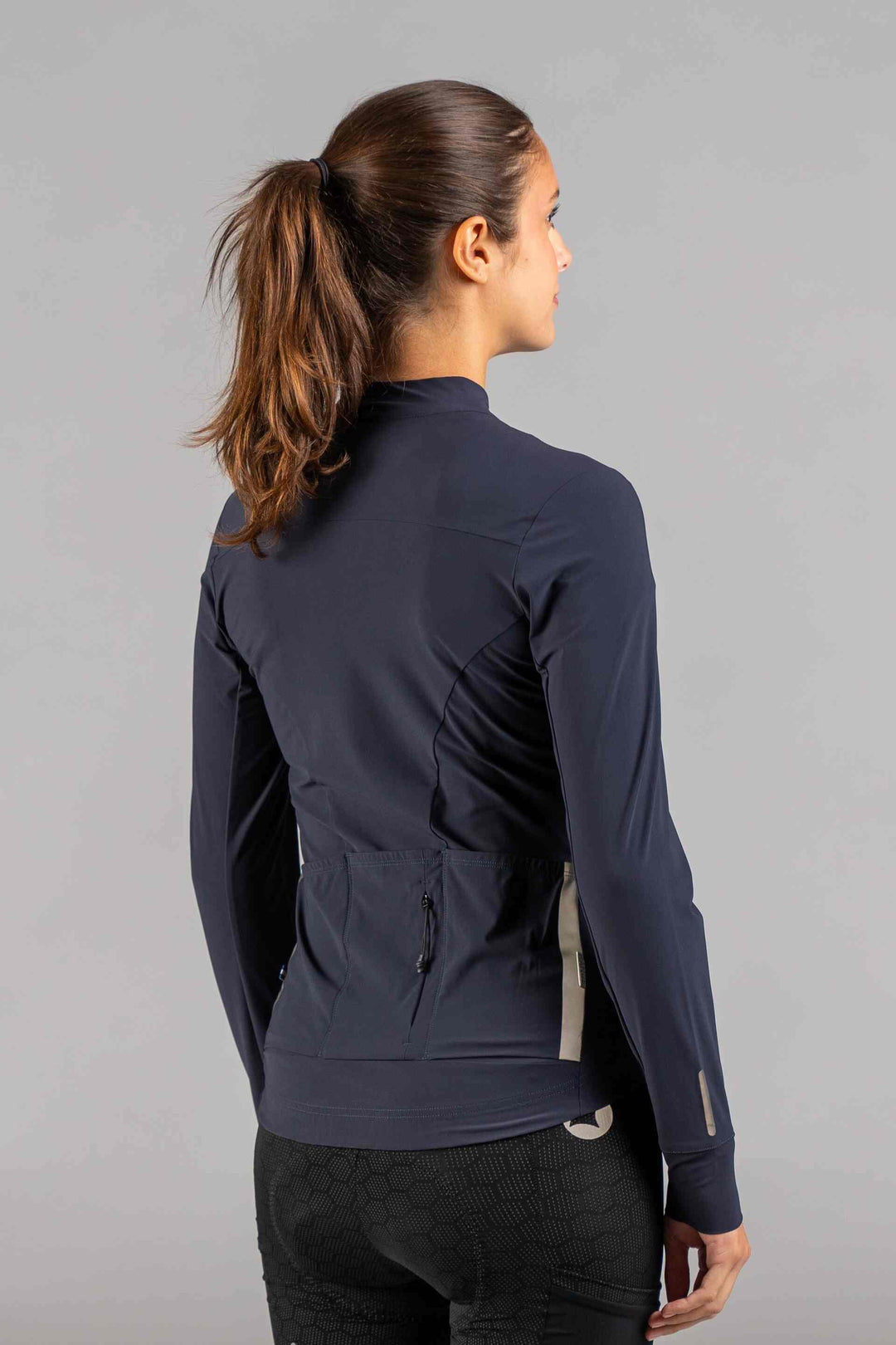 Women's Navy Blue Long Sleeve Gravel Cycling Jersey - Back View