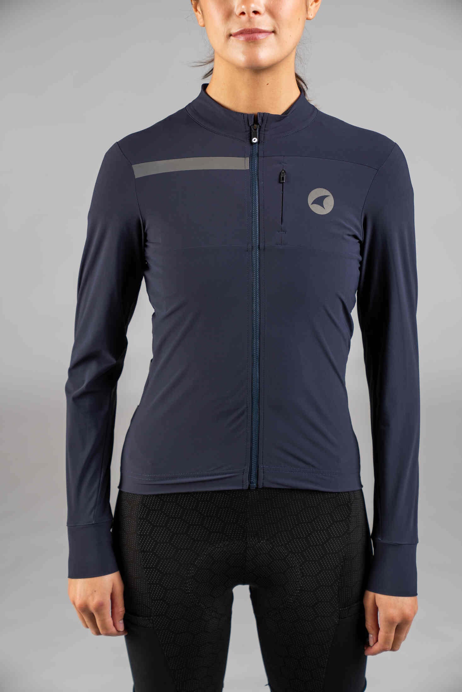 Women's Navy Blue Long Sleeve Gravel Cycling Jersey - Front Close-Up