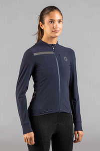 Women's Navy Blue Long Sleeve Gravel Cycling Jersey - Front View