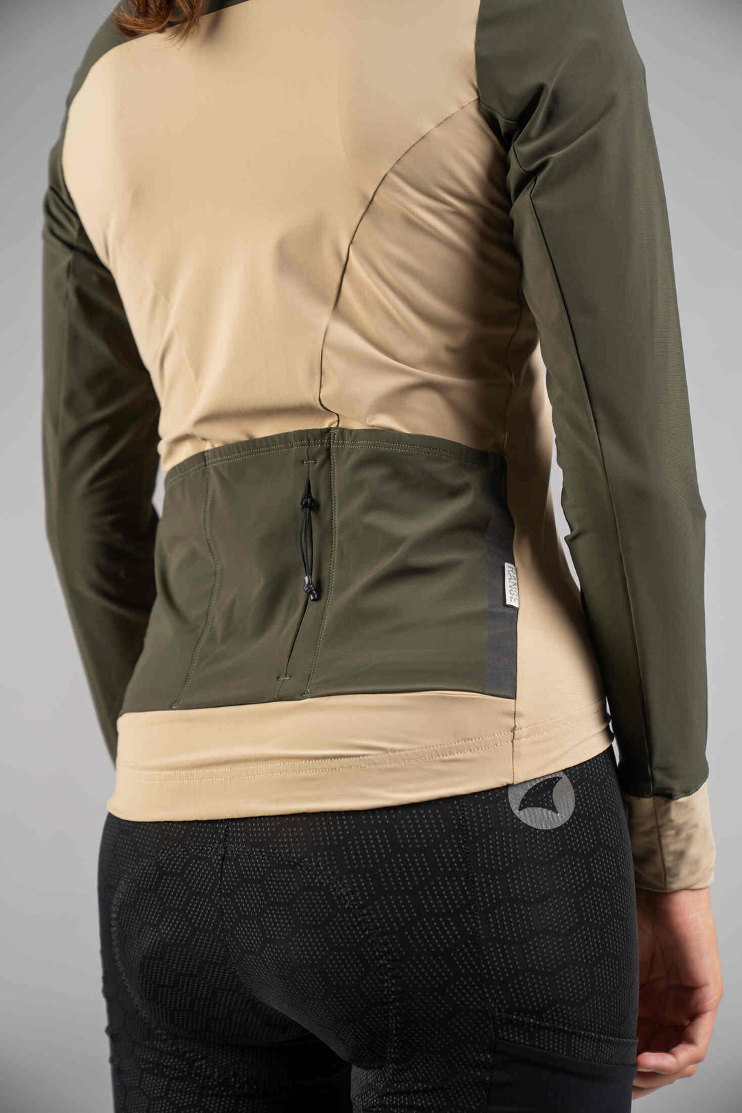 Women's Olive Green & Beige Long Sleeve Gravel Cycling Jersey - Back Pockets