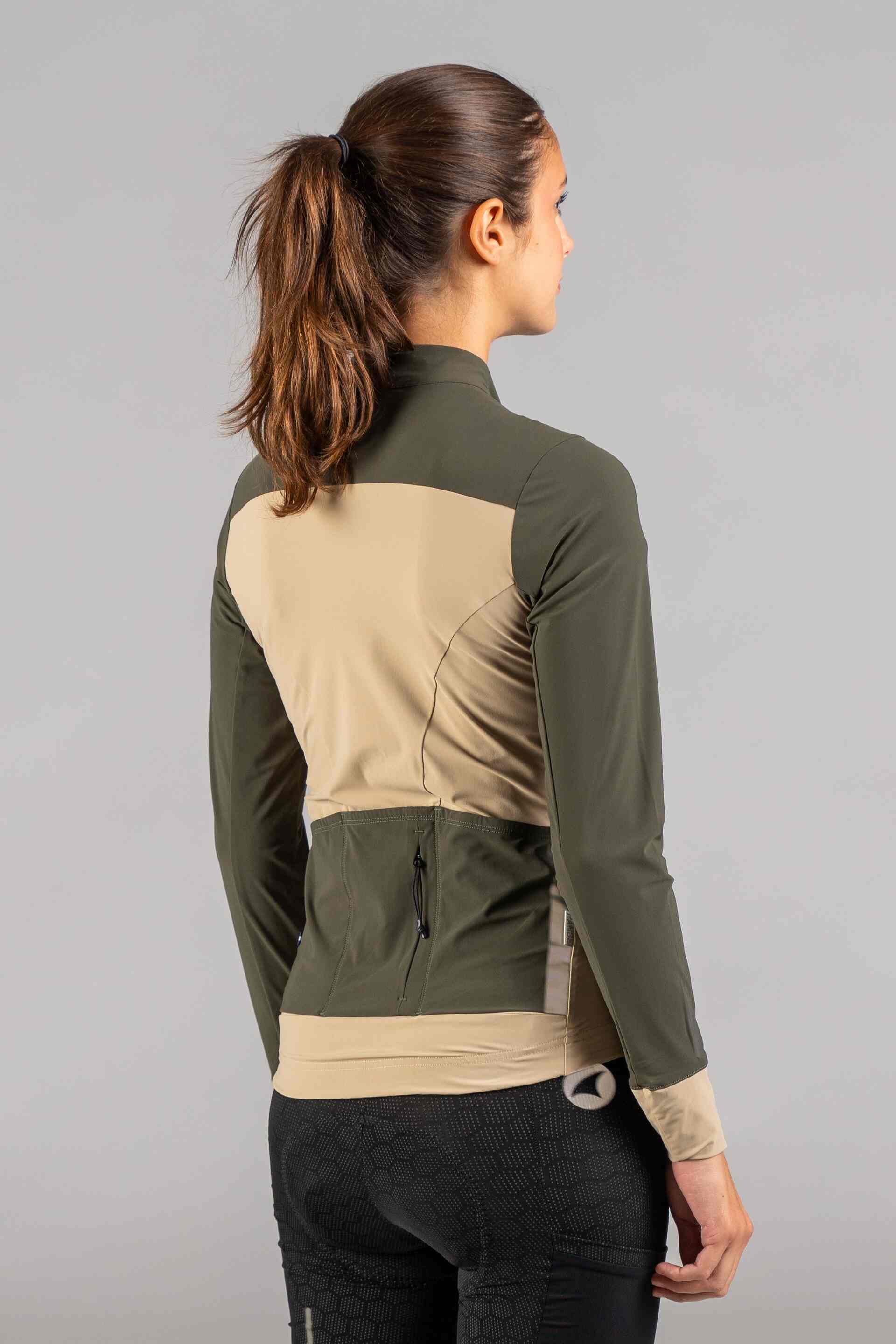 Women's Olive Green & Beige Long Sleeve Gravel Cycling Jersey - Back View