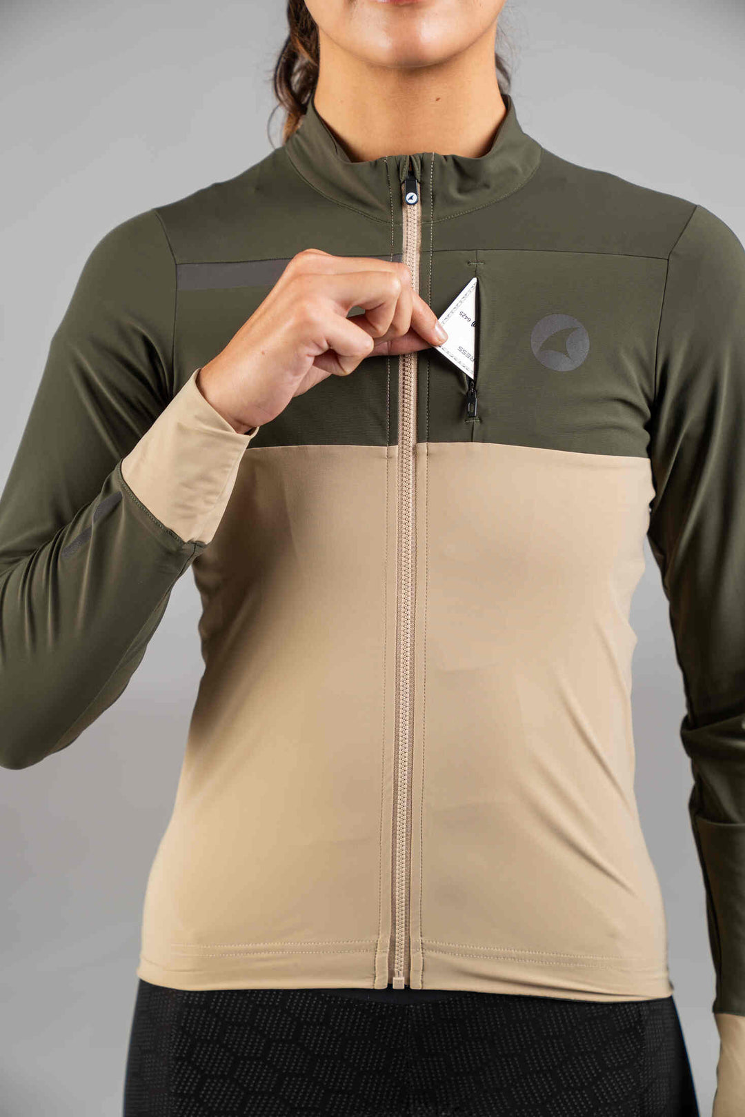 Women's Olive Green & Beige Long Sleeve Gravel Cycling Jersey - Front Zippered Pocket