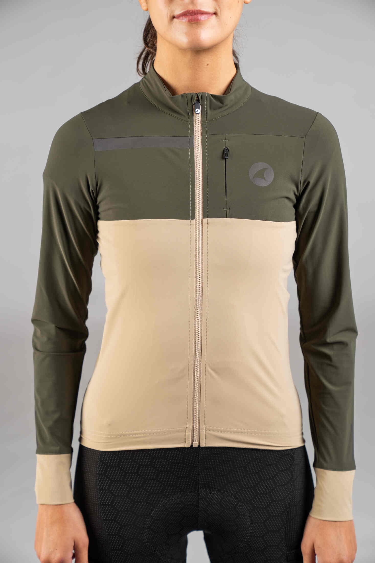 Women's Olive Green & Beige Long Sleeve Gravel Cycling Jersey - Front Close-Up