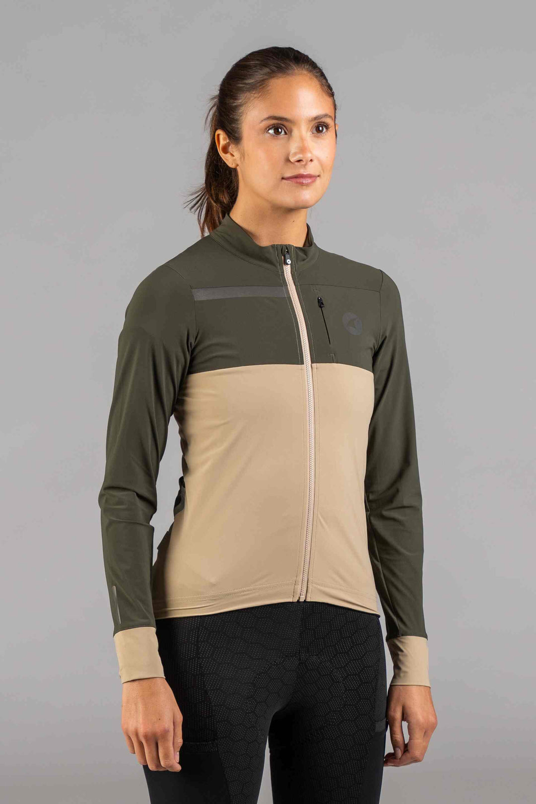 Women's Olive Green & Beige Long Sleeve Gravel Cycling Jersey - Front View