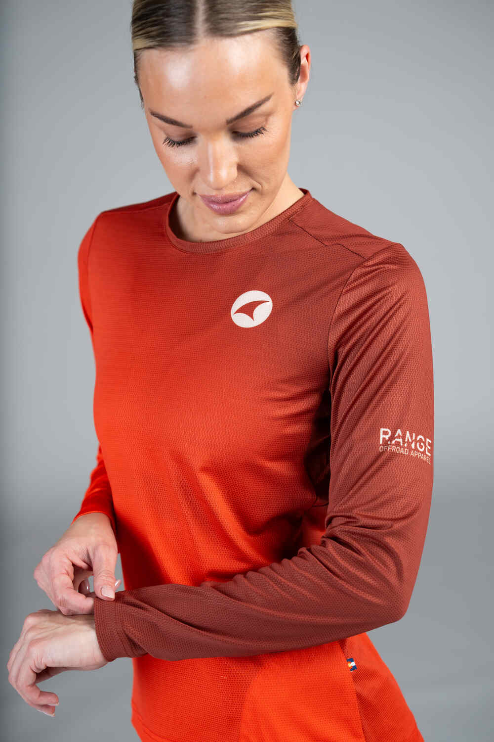 Women's Range Red Long Sleeve MTB Shirt - Sleeve Close-Up