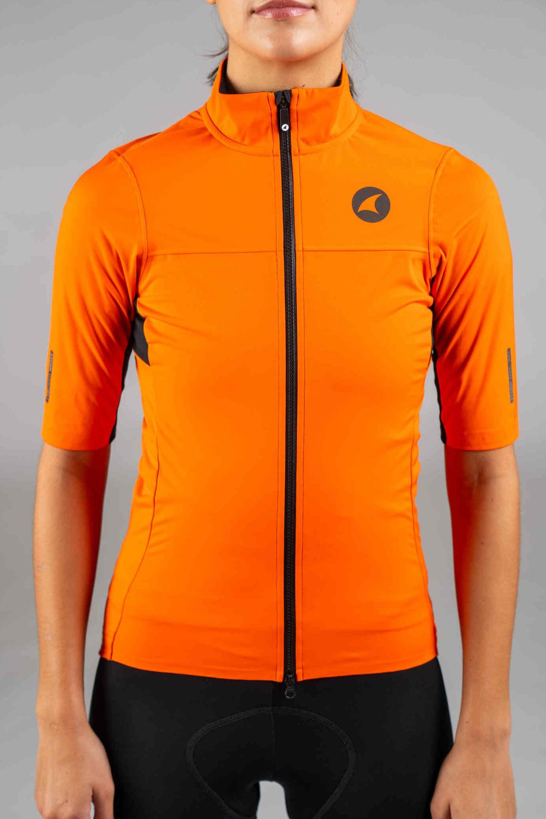 Women's Red Orange Water-Resistant Short Sleeve Cycling Jacket - Front Close-Up