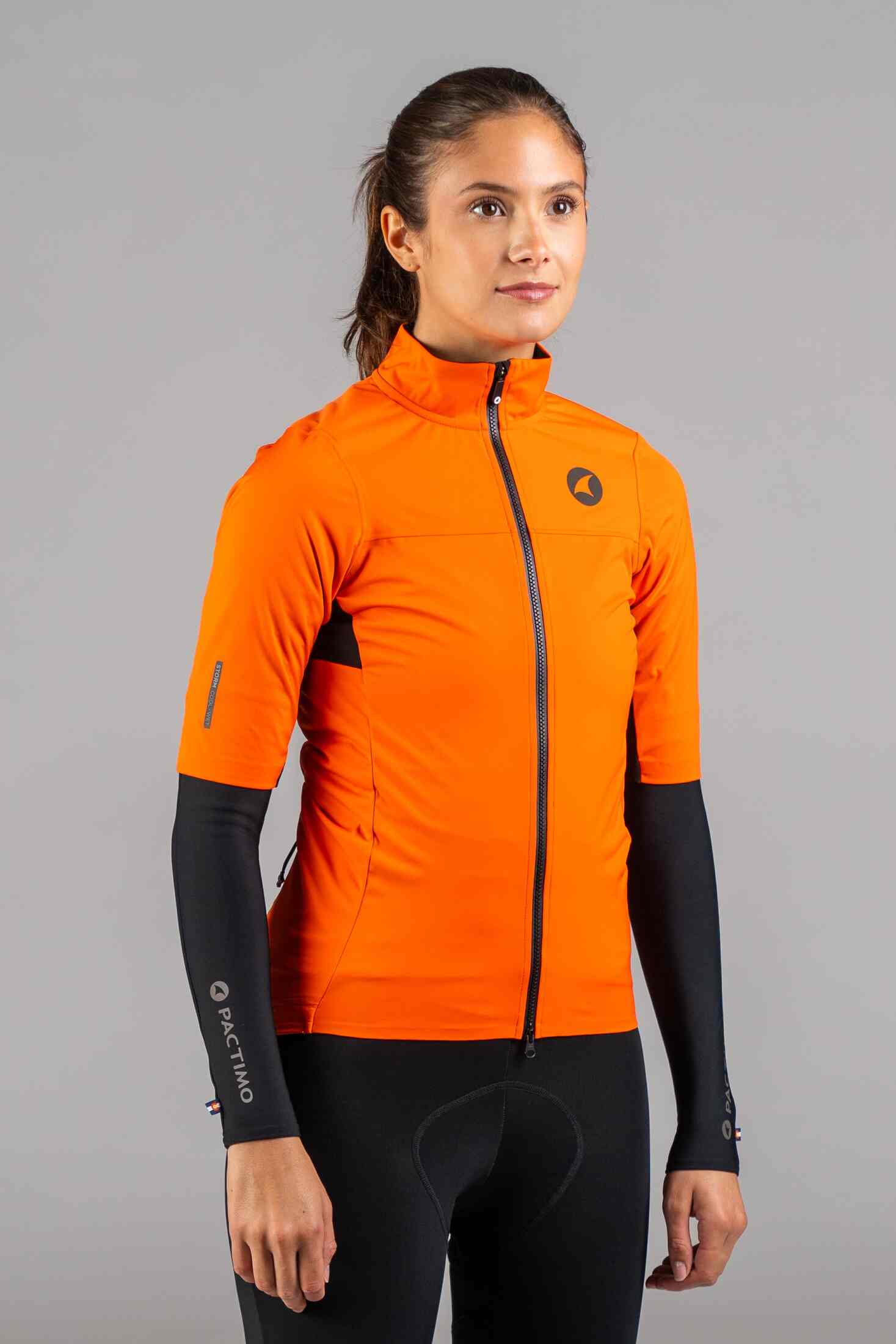 Women's Red Orange Water-Resistant Short Sleeve Cycling Jacket and Arm Warmers