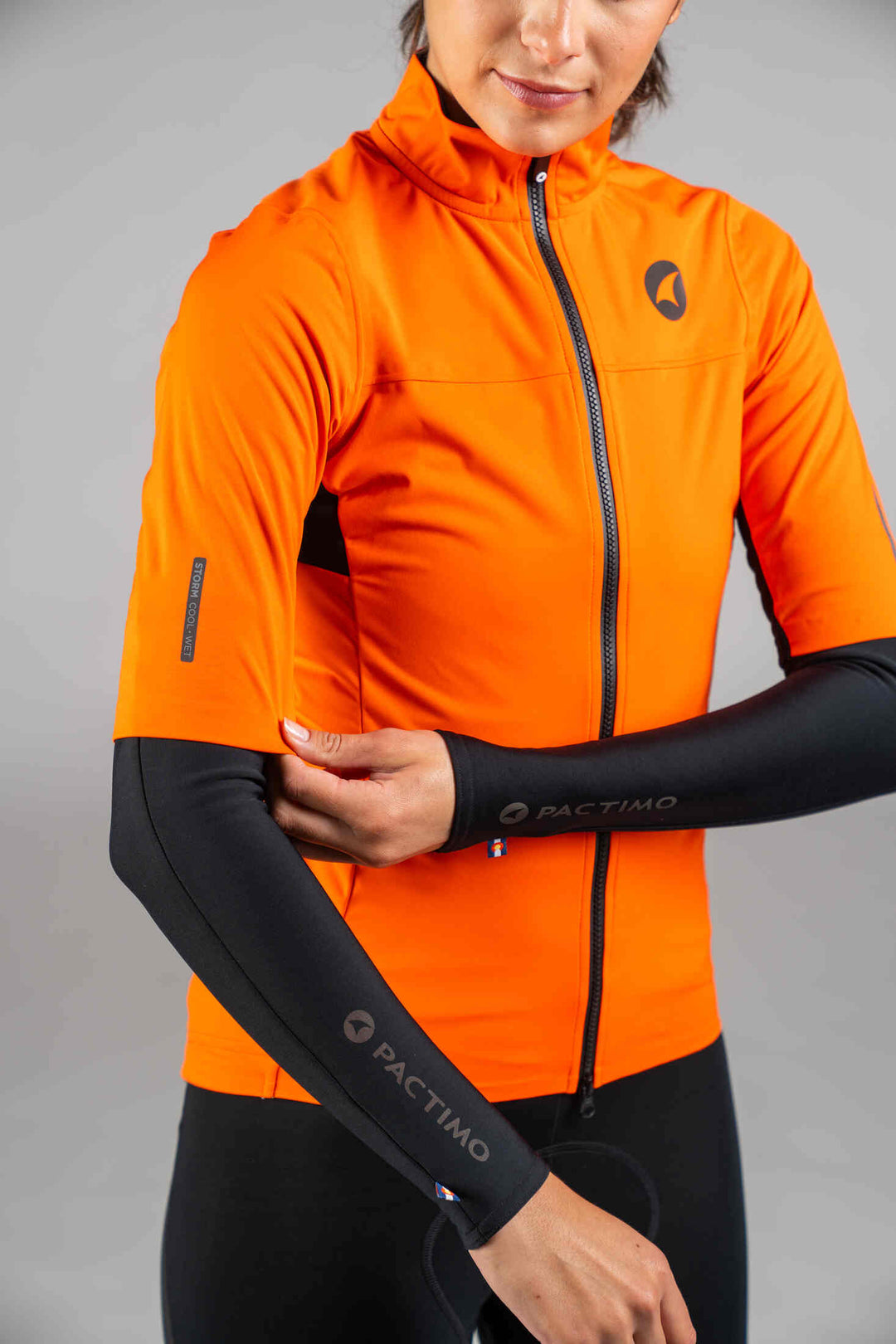 Women's Red Orange Water-Resistant Short Sleeve Cycling Jacket - Arm Warmers Under Sleeves