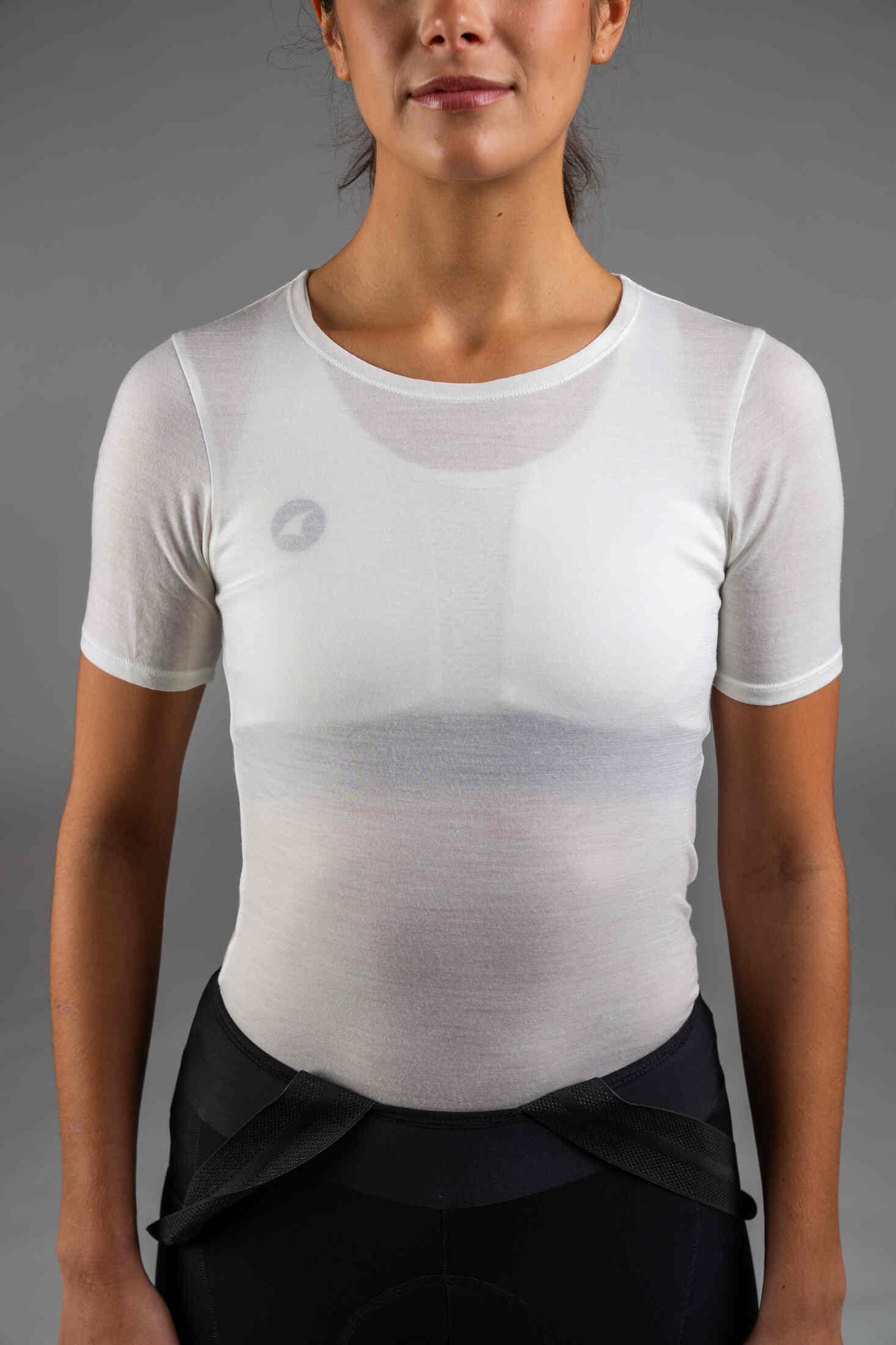 Women's White Merino Wool Cycling Base Layer - Front Close-Up