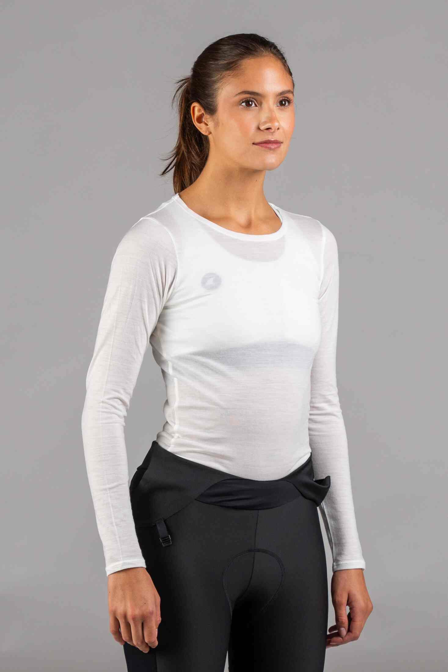 Women's White Merino Wool Long Sleeve Cycling Base Layer - Front View