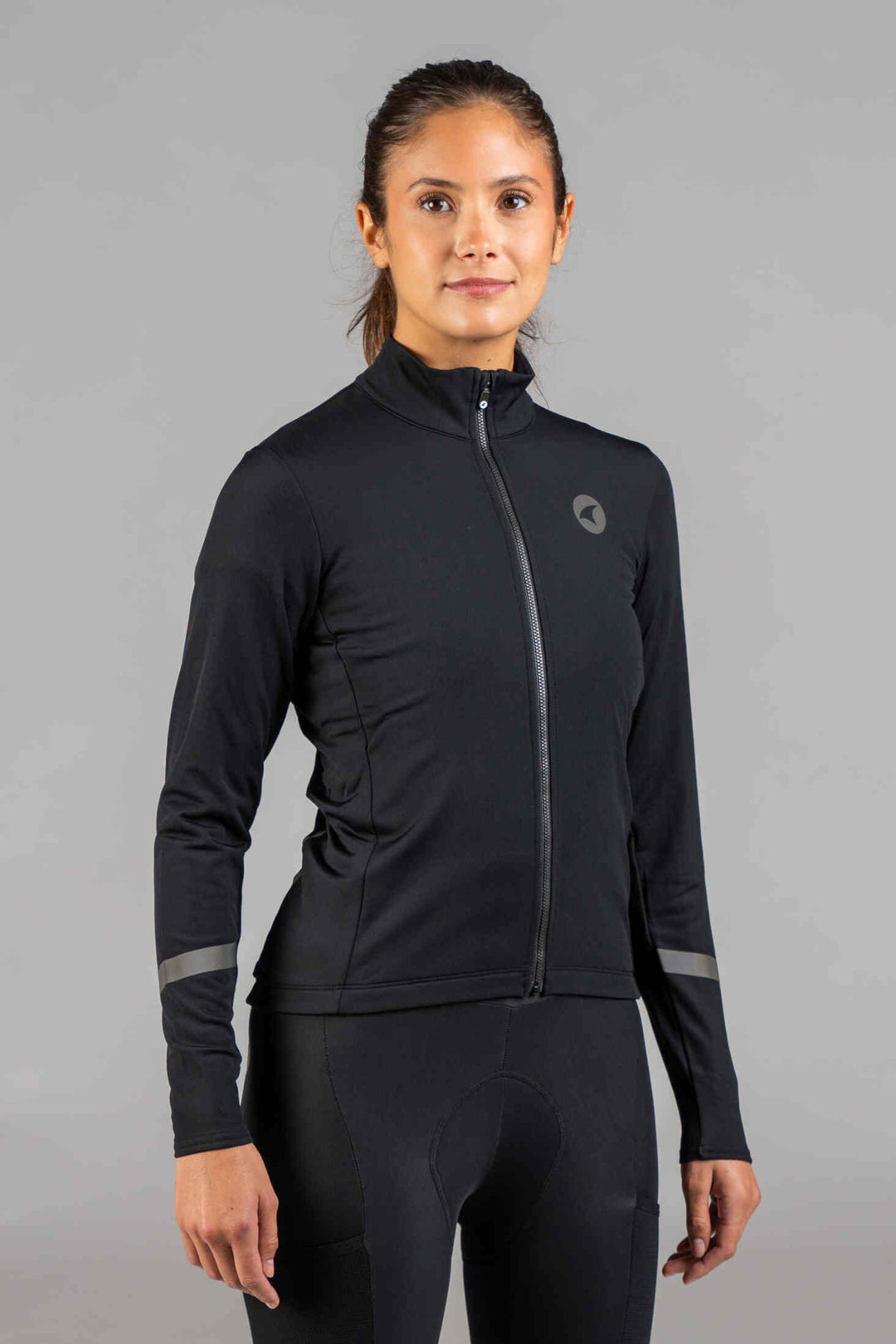 Women's Black Thermal Cycling Jersey - Front View