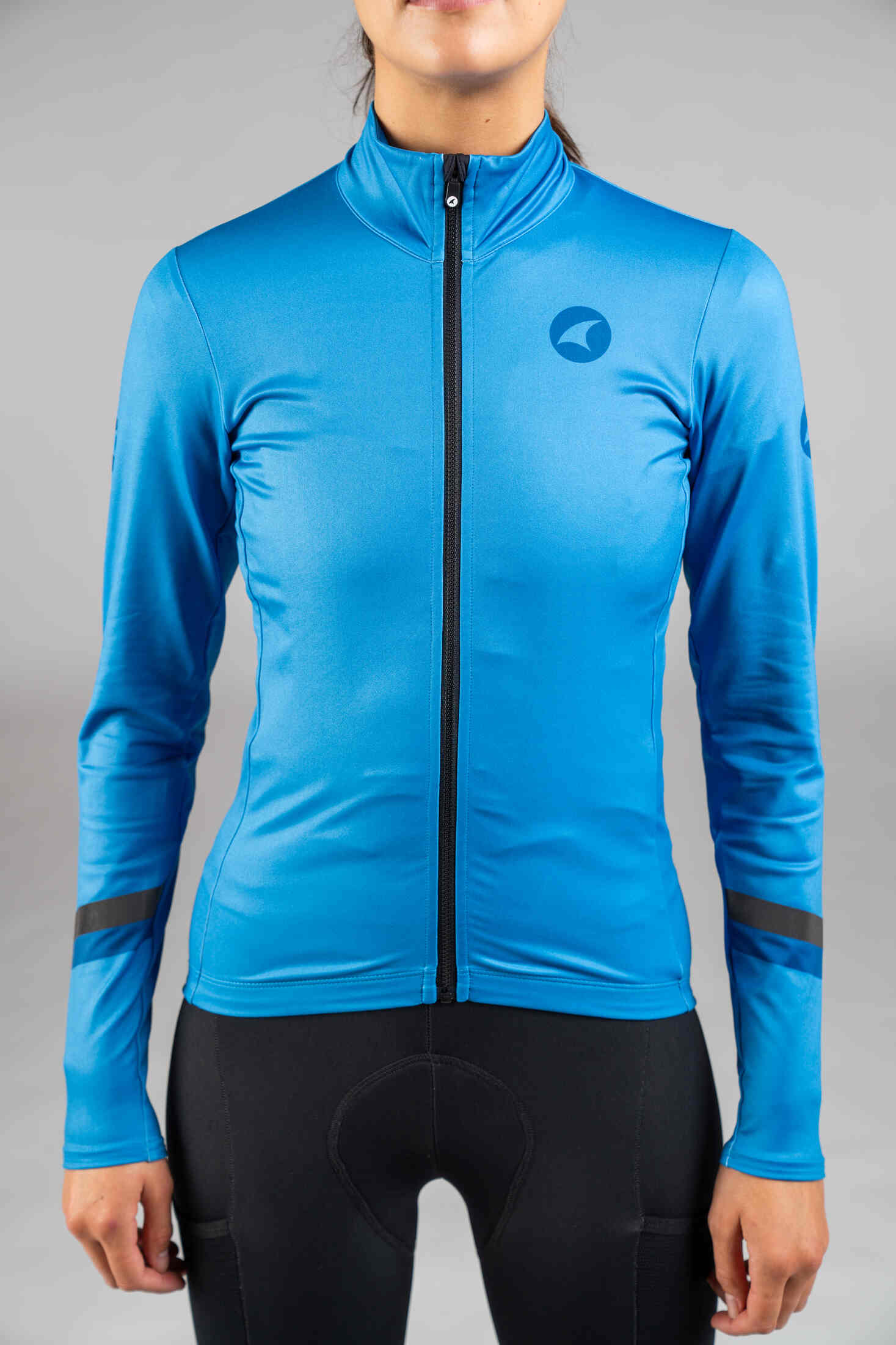 Women's Blue Thermal Cycling Jersey - Front Close-Up