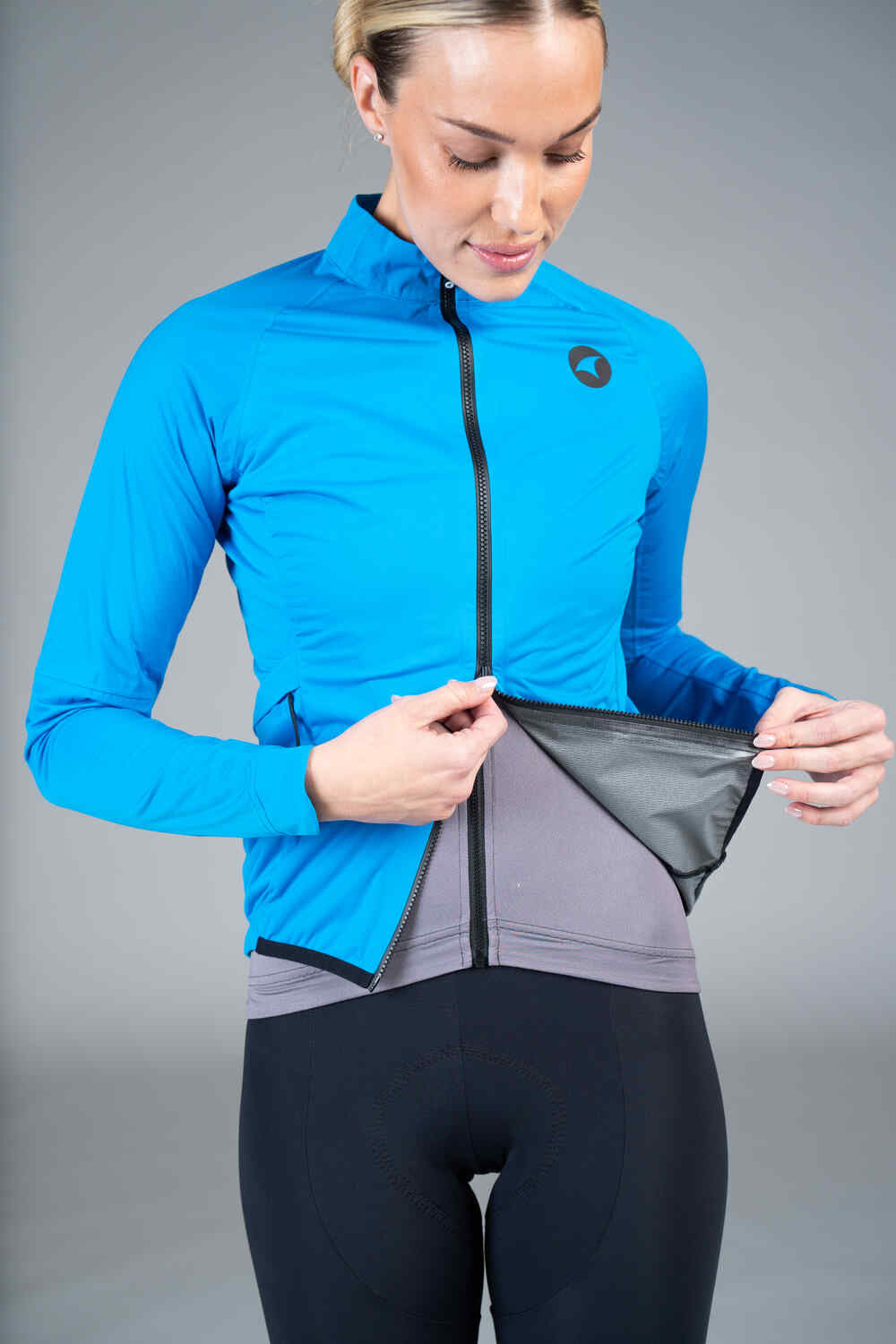 Women's Blue Waterproof Cycling Rain Jacket - Two-Way Zipper