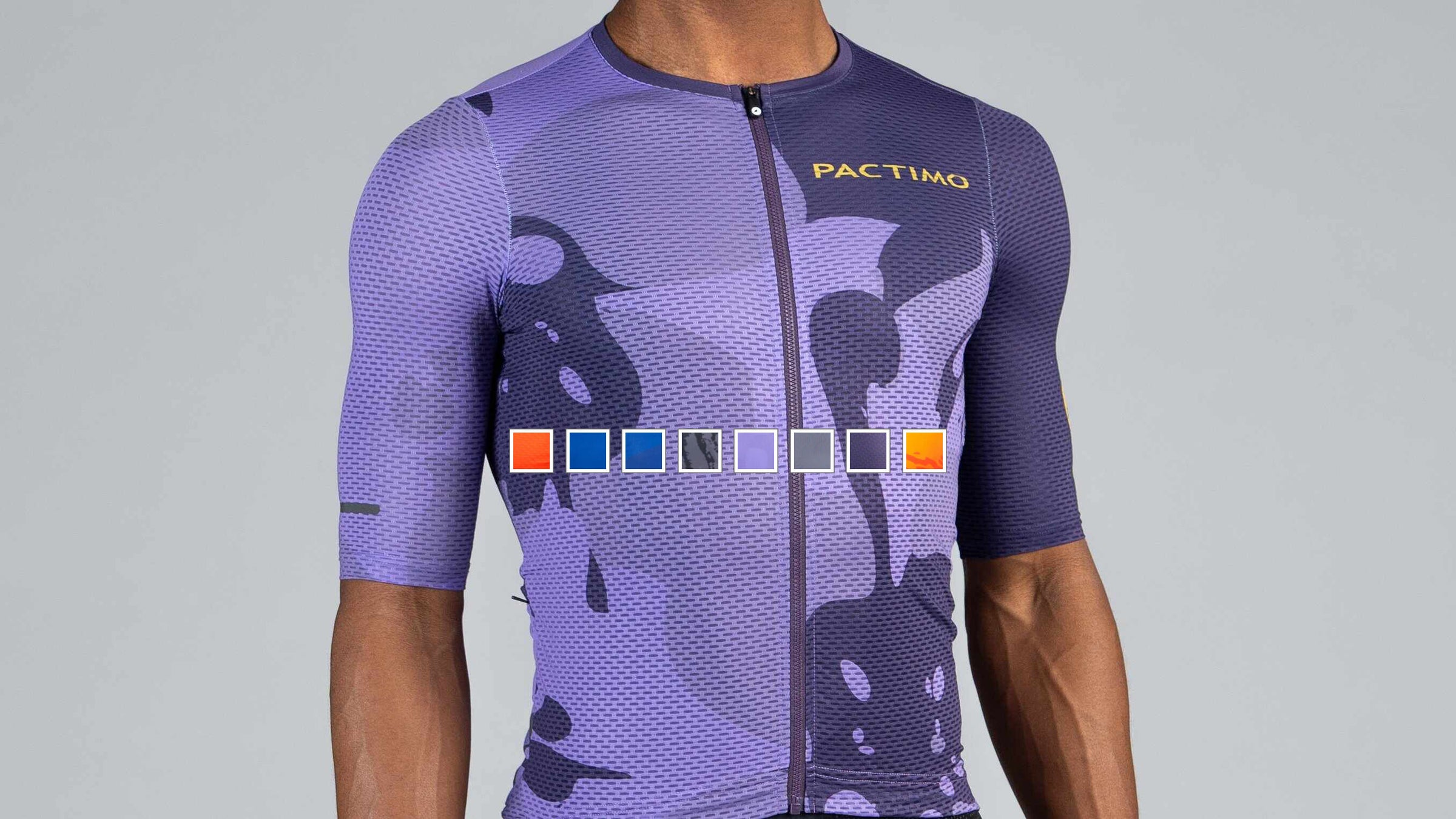 Bright purple mesh cycling jersey with color squares showing additional available colors